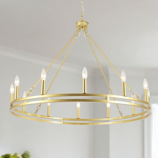 12-Light Gold Candlestick Circle Wagon Wheel Chandelier Linear Island Chandelier Lighting for Kitchen Island