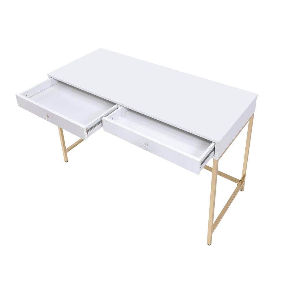 Contemporary White High Gloss 52" Office Desk with Gold Accents