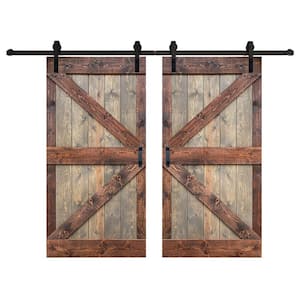 K Series 84 in. x 84 in. Brown/Walnut Finished Soild Wood Double Sliding Barn Door with Hardware Kit - Assembly Needed