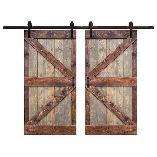 ISLIFE K Series 84 in. x 84 in. Brown/Walnut Finished Soild Wood Double Sliding Barn Door with Hardware Kit - Assembly Needed