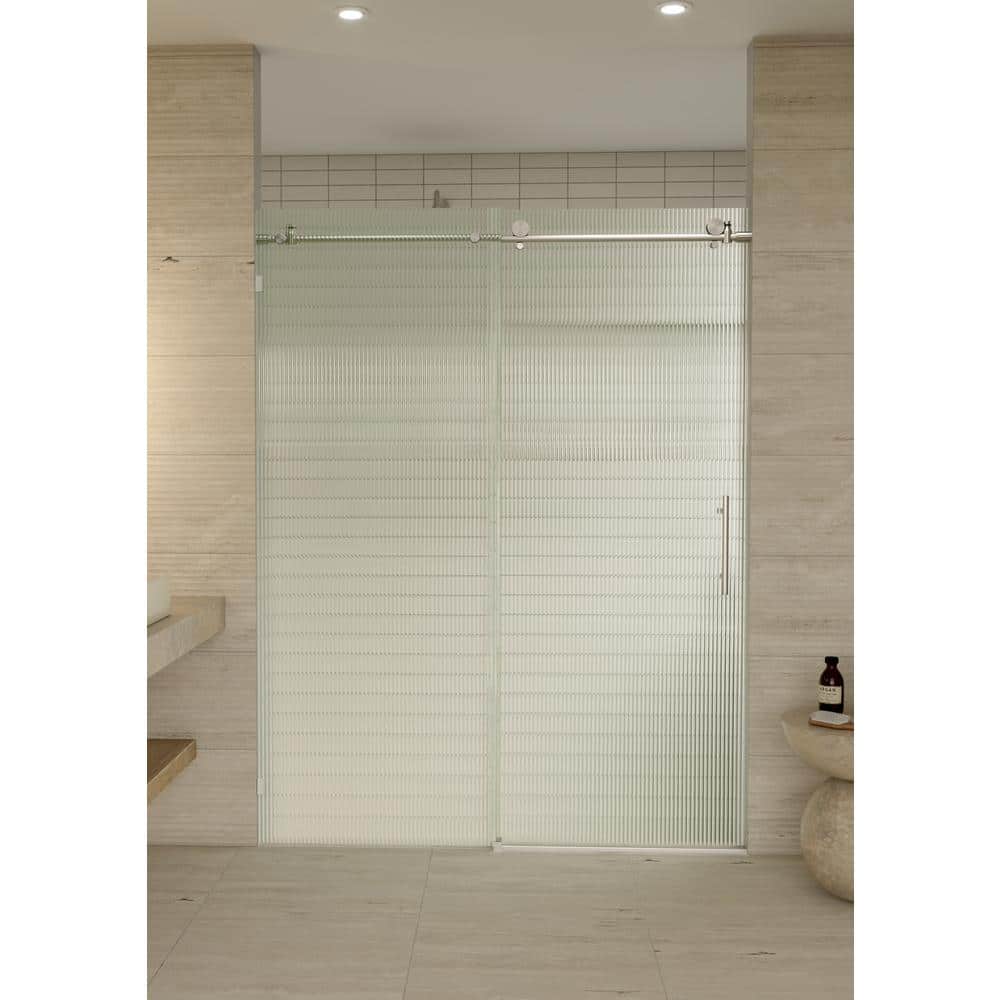 Galaxy 56-60 in. x 78 in. Frameless Fluted Glass Sliding Shower Door in Brushed Nickel