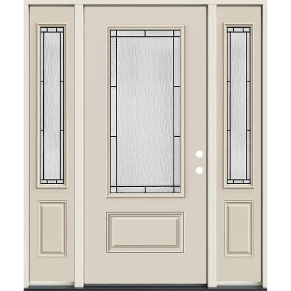 60 in. x 80 in. Left-Hand 3/4 Lite Decorative Glass Wendover Primed Fiberglass Prehung Front Door with Sidelites
