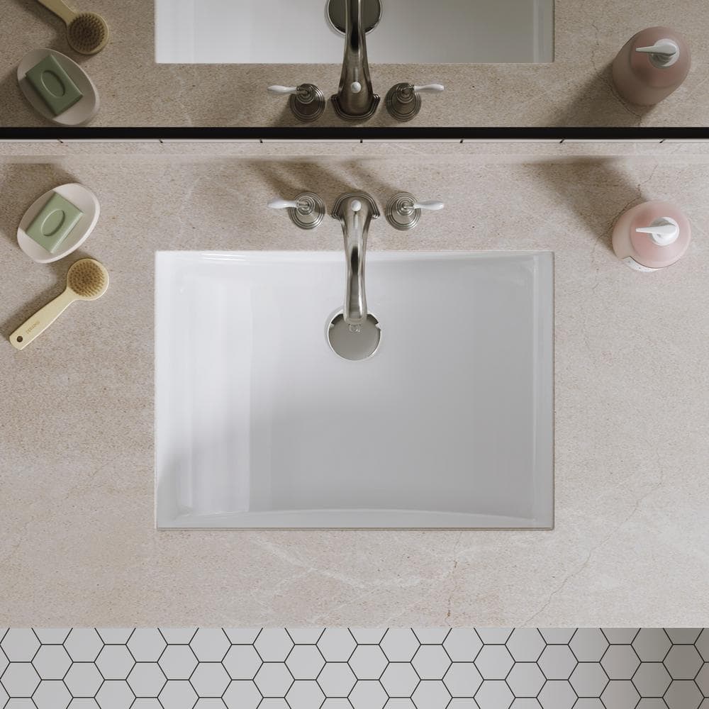 White Rectangular Ceramic Undermount Bathroom Sink with Overflow Hole