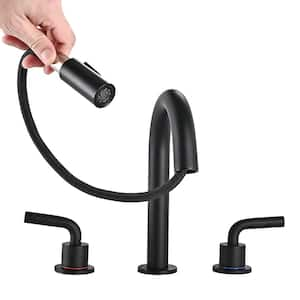 8 in. Widespread Bathroom Faucet 3 Hole with Pull Out Sprayer, Bathroom Sink Faucet with Pop-Up Drain in Matte Black