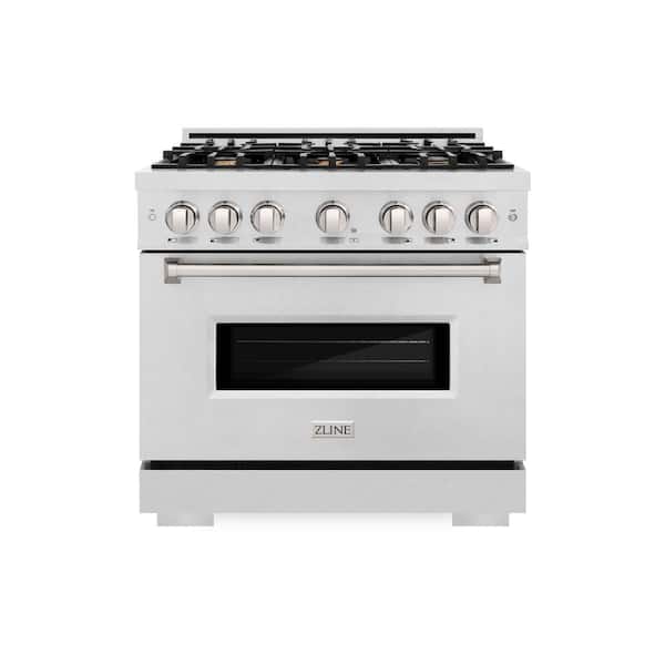 36 in. Classic Dual Fuel Range with Gas Cooktop and Electric Oven in Satin Stainless Steel with 6 Brass Burners