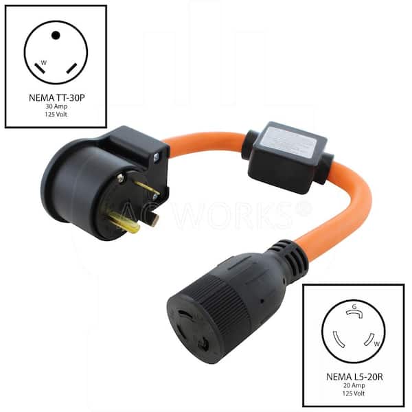 AC WORKS 30A RV Trailer TT-30P Plug to 20A L5-20 Connector with