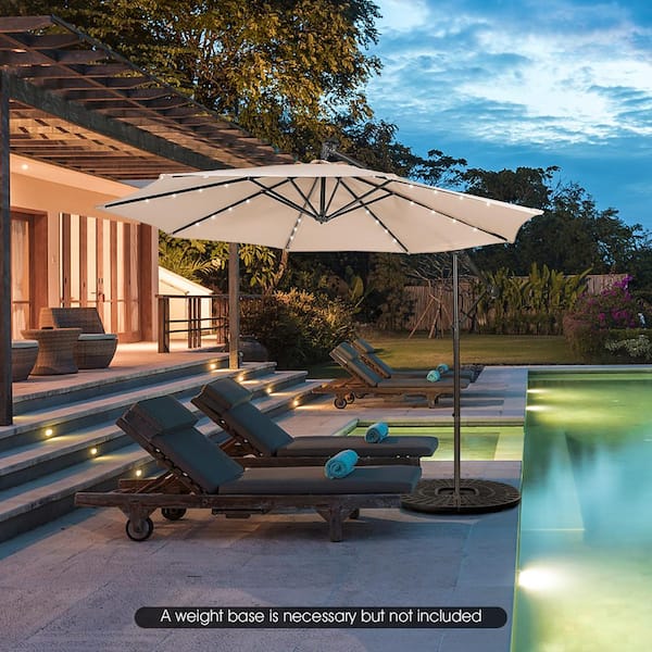 Unbranded 10 ft. Cantilever Hanging Solar LED Sun Shade Patio Umbrella in Beige with Cross Base