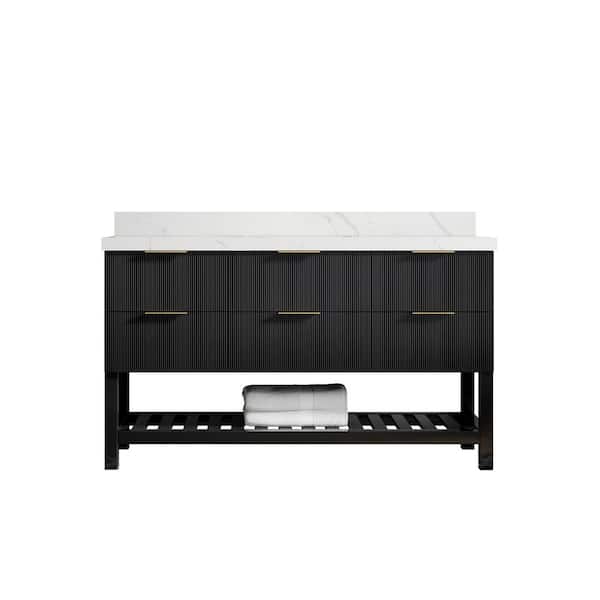 Willow Collections Catalina 60 in. W x 22 in. D x 36 in. H Single Sink Bath Vanity in Black with 2" Calacatta Quartz Top
