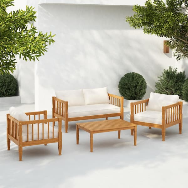 Sierra 4-Piece Outdoor Solid Wood Patio Conversation Set with Beige Water-Resistant Cushions, Coffee Table, Teak Finish