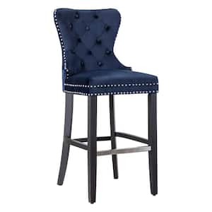 Harper 29 in. High Back Nail Head Trim Button Tufted Navy Blue Velvet Bar Stool with Solid Wood Frame in Black