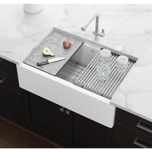 EpiCube 33 in. Drop-in Single Bowl Workstation Kitchen Sink in White Granite Quartz Composite