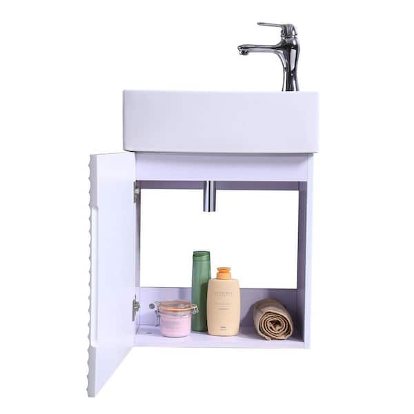 Wall Mount Bathroom Cabinet Vanity Sink White With Elegant Chrome Faucet And Drain Included Rippled Design Renovator's Supply 
