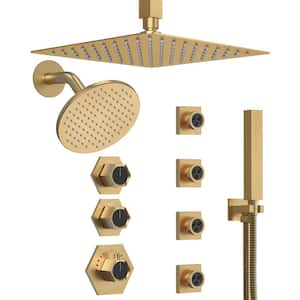 Multifunction Dual Shower System 12 in. 5-Spray Square High Pressure with Hand Shower in Brushed Gold (Valve Included)