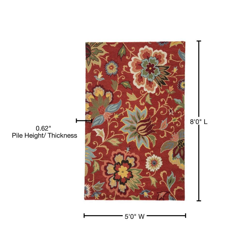 Bossa Nova Red Floral Tufted Wool Rectangular Area Rug 5'x8'