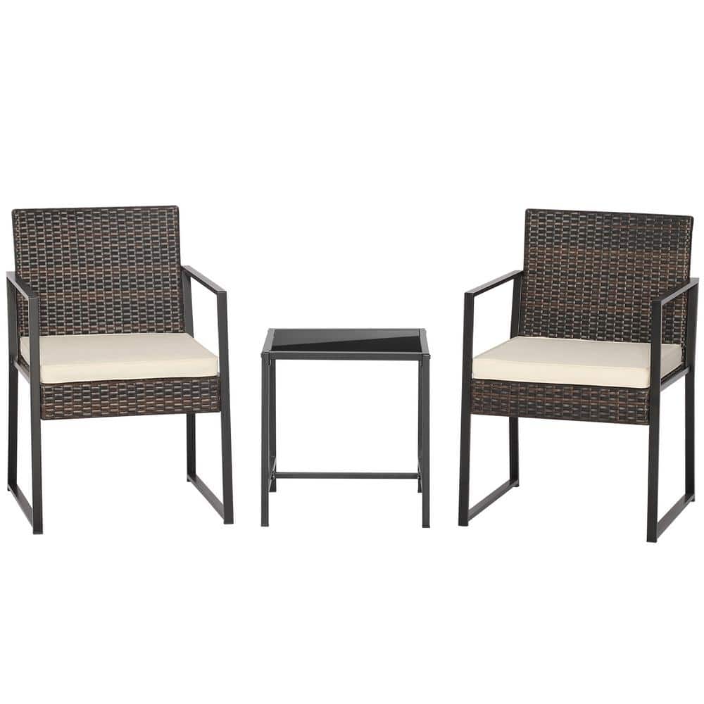3-Piece PE Rattan Wicker Patio Conversation Set with Coffee Table and Off W