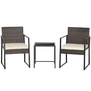 3-Piece PE Rattan Wicker Patio Conversation Set with Coffee Table and Off White Cushions