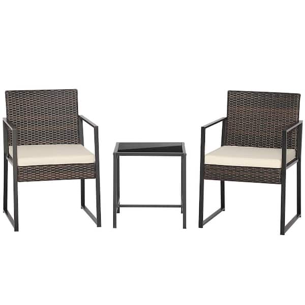 ANGELES HOME 3-Piece PE Rattan Wicker Patio Conversation Set with Coffee Table and Off White Cushions
