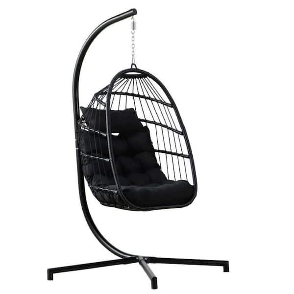 Afoxsos 1-Person Black Wicker Patio Swing with Black Cushion and Stand