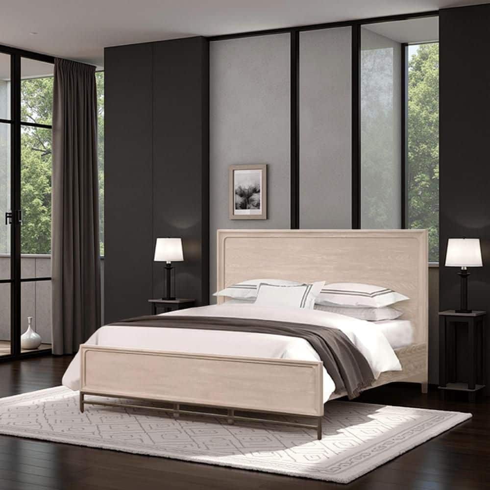 Rozie Light Oak Brown and Bronze Wood Frame Queen Panel Bed with Panel Style Headboard