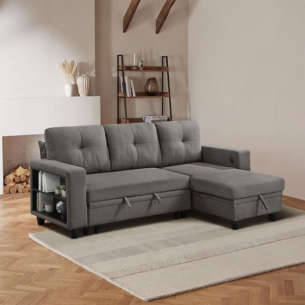 Celylon 79.5 in. Straight Arm Boucle Fabric Sectional Sofa in Dark Brown with Reversible Chaise and Pull-Out Bed