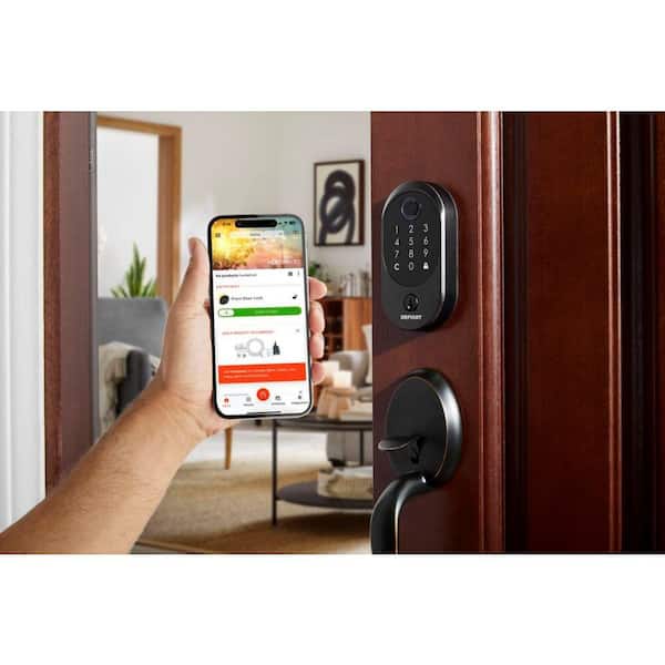 Round Fingerprint Aged Bronze Electronic Single Cylinder Deadbolt Wi-Fi Enabled Powered by Hubspace