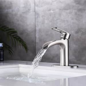 Single-Handle Waterfall Spout Single-Hole Bathroom Faucet with Deckplate and Supply Lines in Brushed Nickel