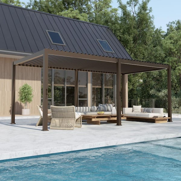 12 ft. x 20 ft. Modern Aluminized Steel Pergola for Outdoor Garden with Adjustable Louvered Roof Dark Brown
