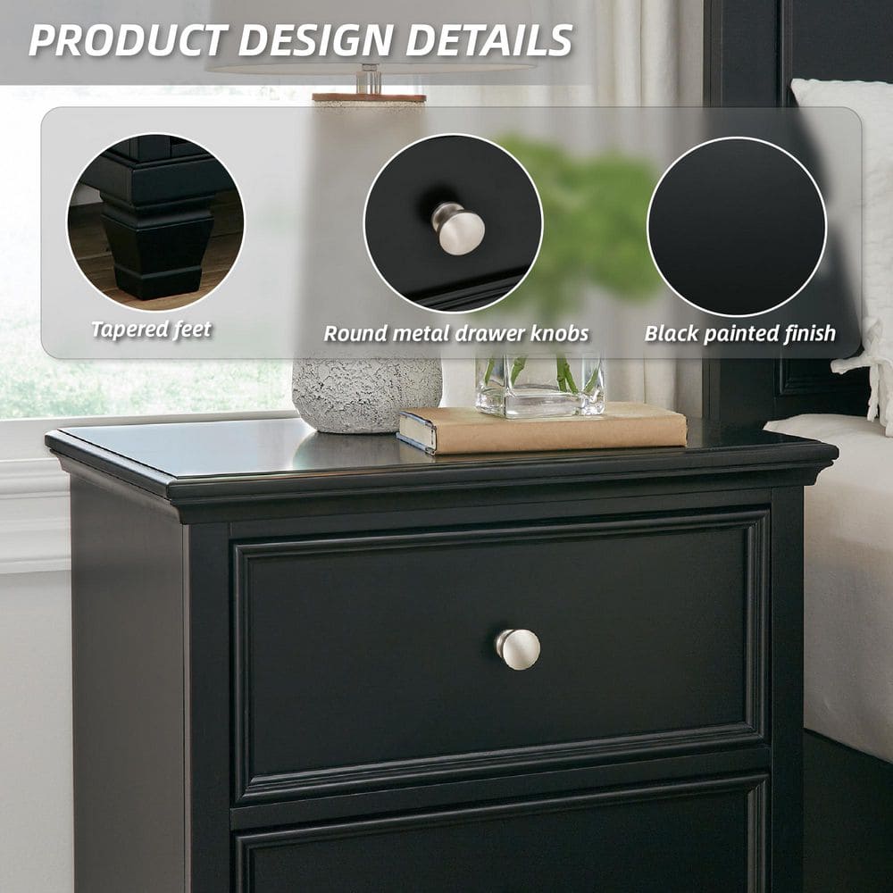 Black Hardwood 2-Drawer Nightstand with Satin Nickel Knobs