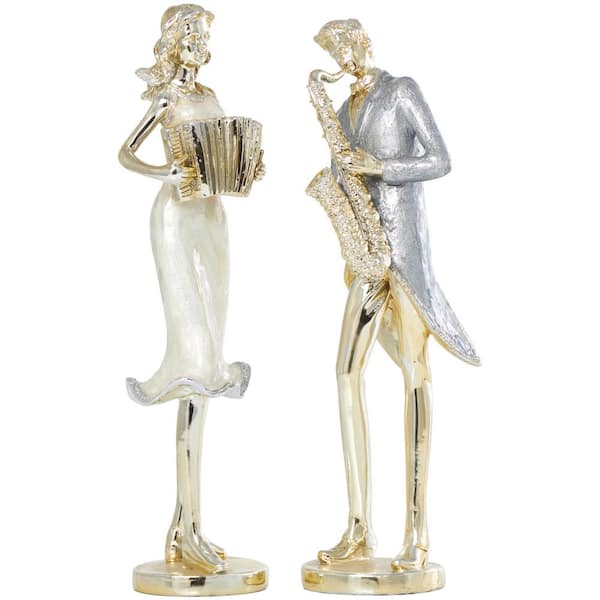 Litton Lane Gold Resin Musician Sculpture with Accordion and Saxophone (Set of 2)