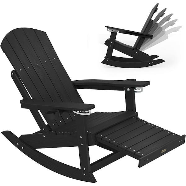 Black Plastic Adirondack Outdoor Rocking Chair with Retractable Ottoman and Cup Holders