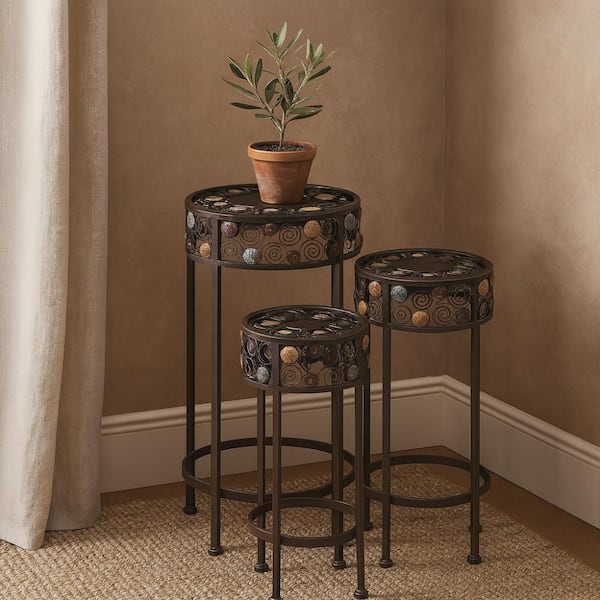 27 in. and 24 in. and 20 in. Round Indoor or Outdoor Matte Black Iron Finish Traditional Design Plant Stand (3-Pack)