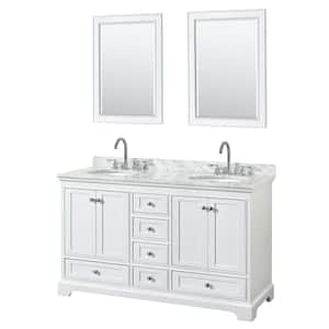 Deborah 60 in. Double Vanity in White with Marble Vanity Top in White Carrara with White Basins and 24 in. Mirrors