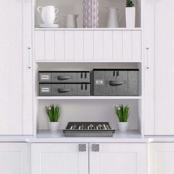 Gray Pantry Organizer, China Storage Dinnerware Organizer for Platter with Lid and Felt Protectors (Holds 4), 2-Pack