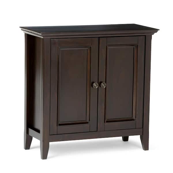 Simpli Home Amherst Solid Wood 32 in. Wide Transitional Low Storage Cabinet in Dark Brown