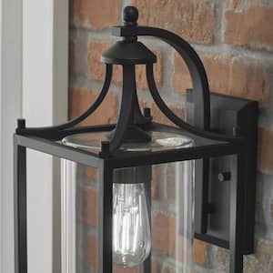 Boswell Quarter 15.12 in. 1-Light Matte Black Hardwired Outdoor Transitional Wall Lantern Sconce with Clear Glass Shade