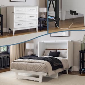 Santa Fe White Solid Wood Frame Twin Murphy Bed Chest with Mattress and Built-in Charger