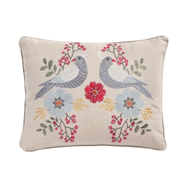 Angelica Linen Multicolor Embroidered Birds, Floral 14 in. x 18 in. Throw Pillow