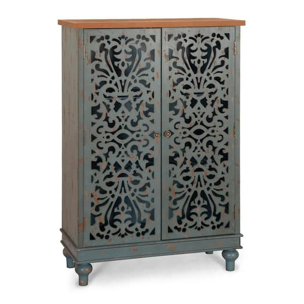 PHI VILLA Bluish Grey Hollow-Carved Tall Cabinet with 2-Door THD-IF-507 ...