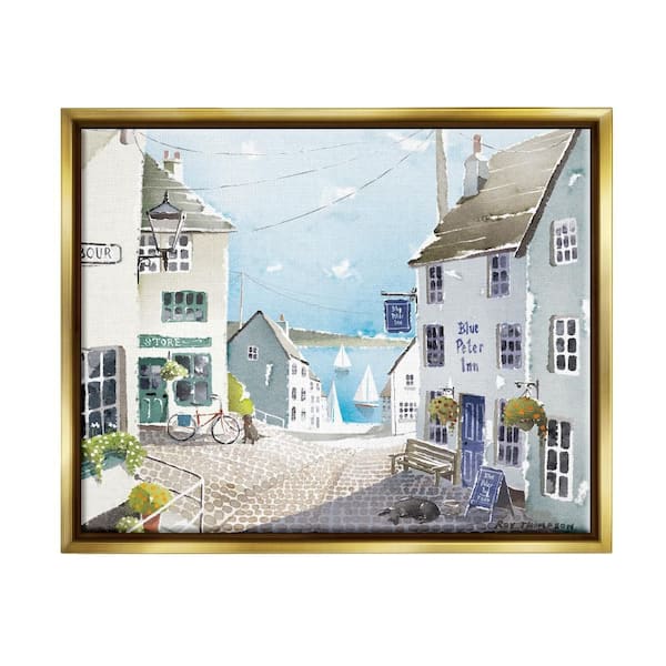 Stupell Industries Coastal Town Seaport Sailboats by Roy Thompson 1-Piece Gold Floater Frame Nature Graphic Art Print 17 in. x 21 in.