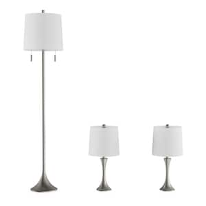 24.5 in. Mid-Century Modern Metal Flared Trumpet Base LED Table Lamps and 63.5 in. Silver Floor Lamp (Set of 3)