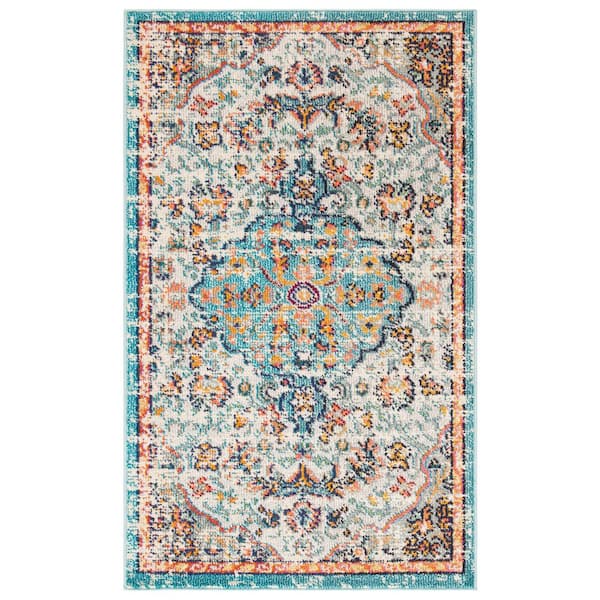 SAFAVIEH Madison Grey/Light Blue Doormat 2 ft. x 4 ft. Border Geometric Floral Medallion Area Rug