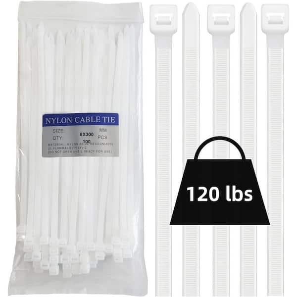 12 in. UV Resistant Nylon Cable Zip Tie White 100-Pack Heavy Duty Self-Locking 120 lbs. Tensile Strength
