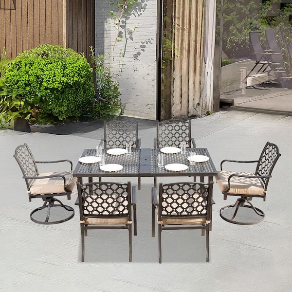 Unbranded 7-Piece Metal Patio Conversation Set, Dining Table and Chairs Dining Set with Removable Beige Cushions