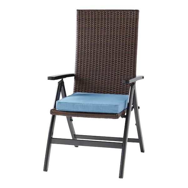 Greendale Home Fashions Wicker Outdoor PE Foldable Reclining Chair with Denim Seat Cushion