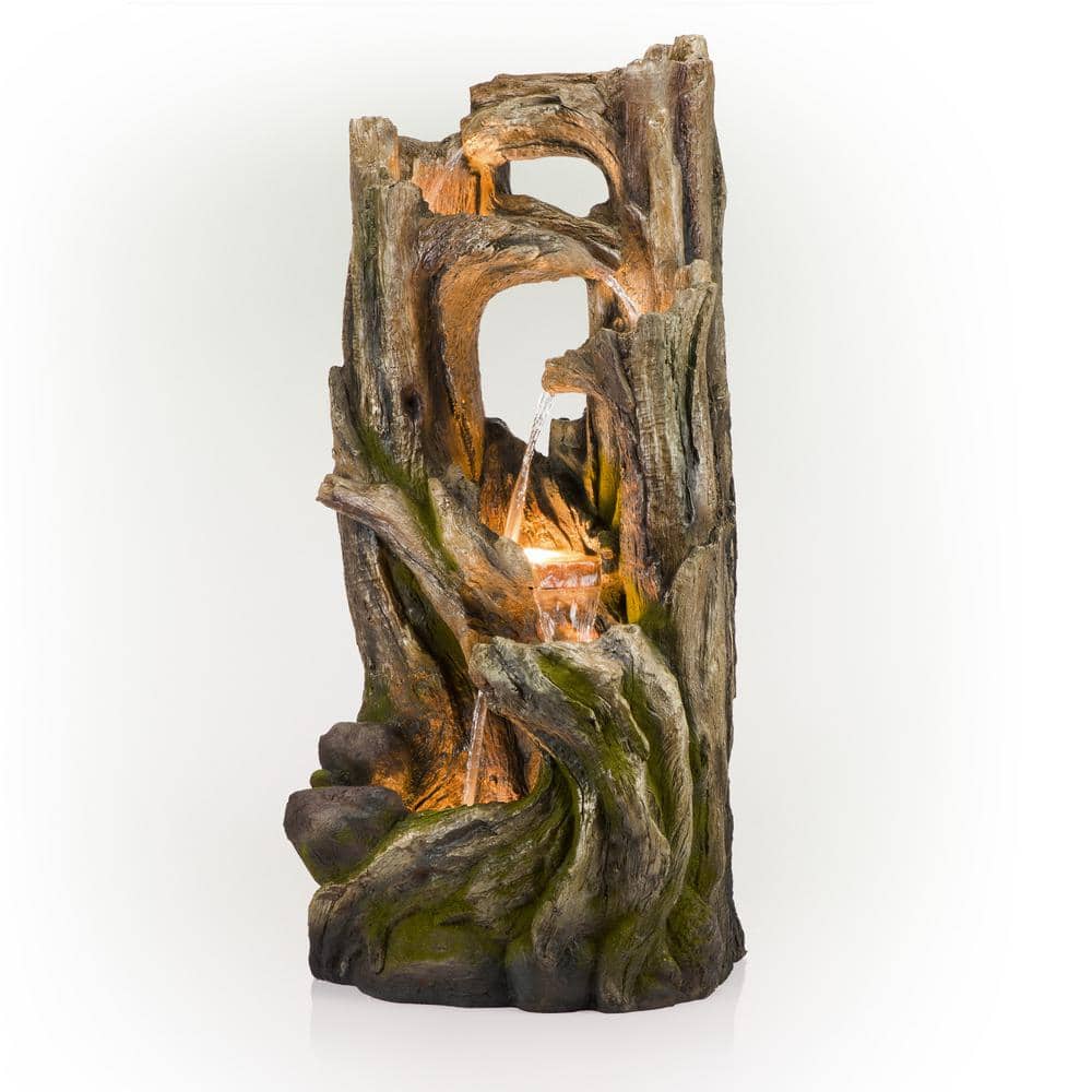 59 in. Tall Indoor/Outdoor 5-Tier Waterfall Tree Stump Fountain with LED Li