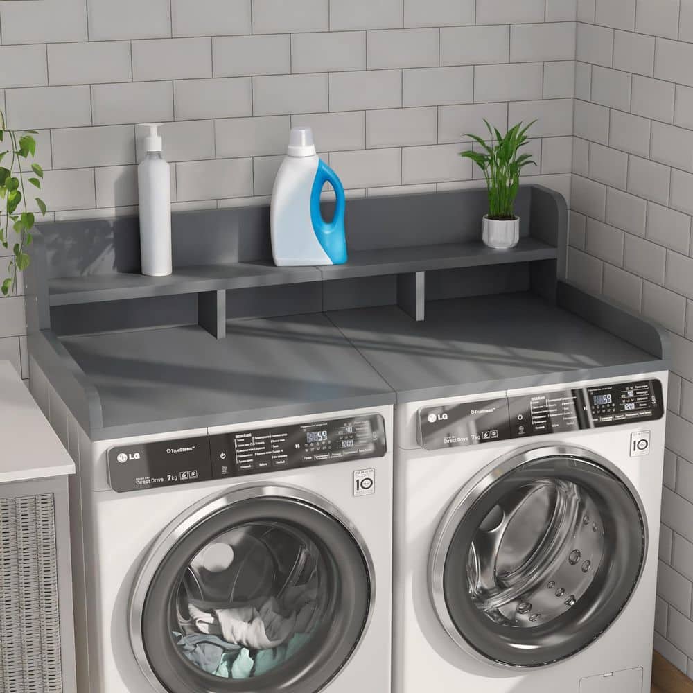 Grey Wood Washer Dryer Countertop, Storage Shelf with Rounded Edge Rails for Kitchen Laundry Room Organization price history on PriceWatchPro