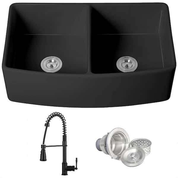 Black Fireclay 33 in. Double Bowl Apron-Front Kitchen Sink with Faucets, Basket Strainer