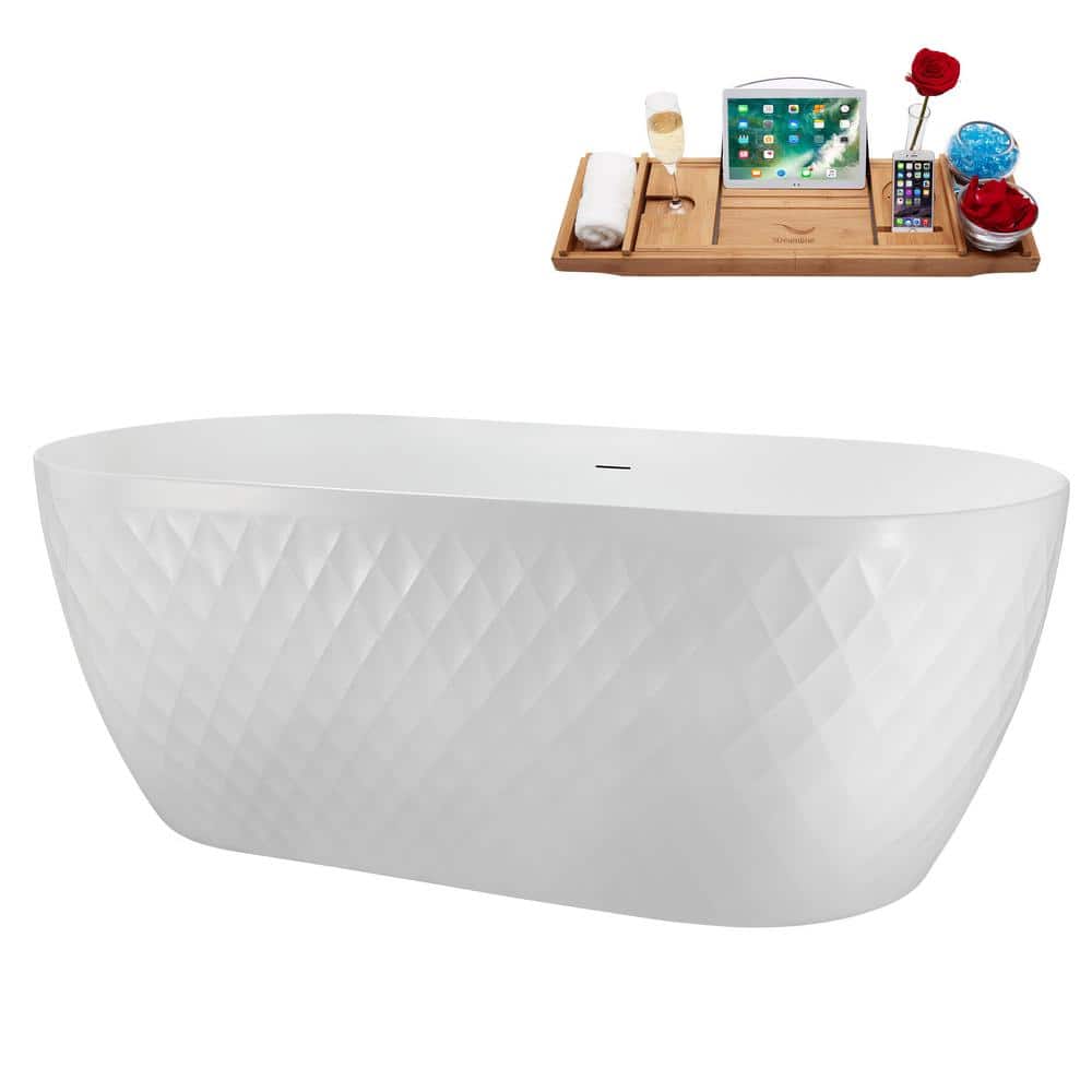 59" Glossy White Acrylic Freestanding Soaking Tub with Tray