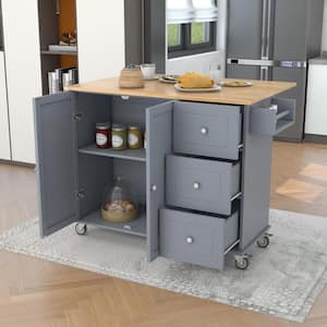 Gray Blue Solid Wood Drop Leaf Top 52.7 in. Kitchen Island Cart with Locking Wheels Storage Cabinet and 3-Drawer