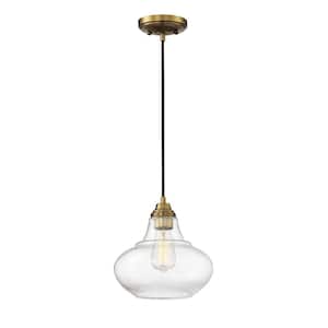 10 in. W x 10 in. H 1-Light Natural Brass Pendant Light with Clear Seeded Glass Shade